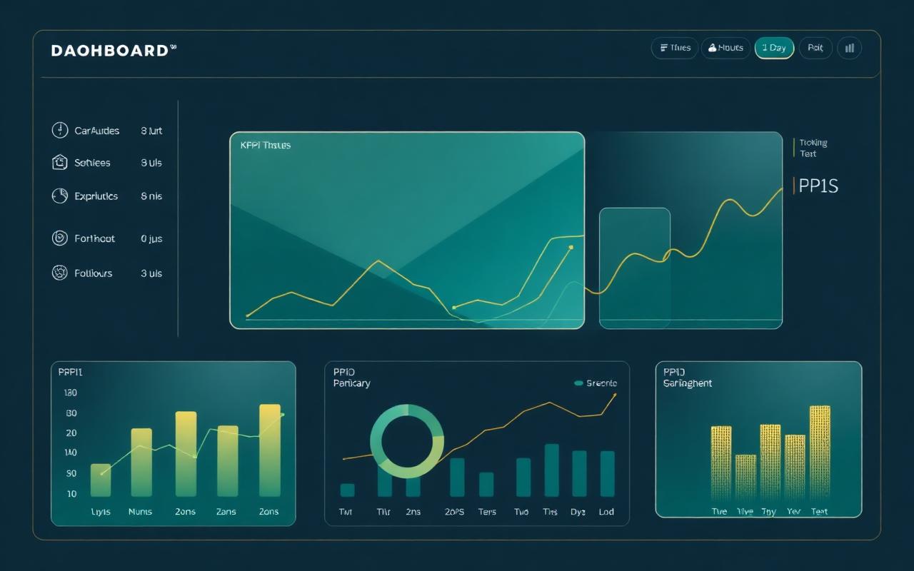 Dashboard KPI marketing với biểu đồ vàng trên nền teal sâu