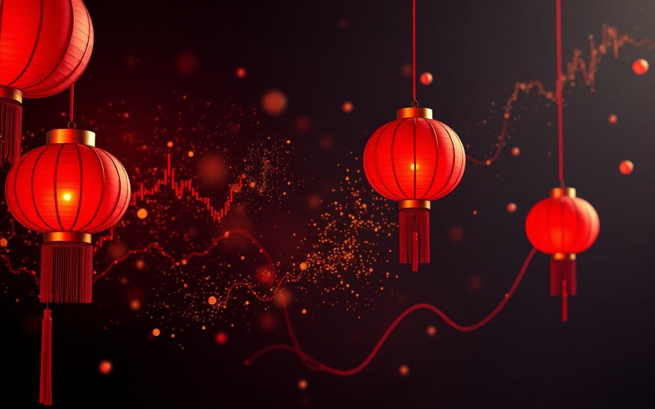 Đèn lồng đỏ Tết hoà cùng biểu đồ tăng trưởng vàng — biểu tượng chiến dịch Tết hiệu quả