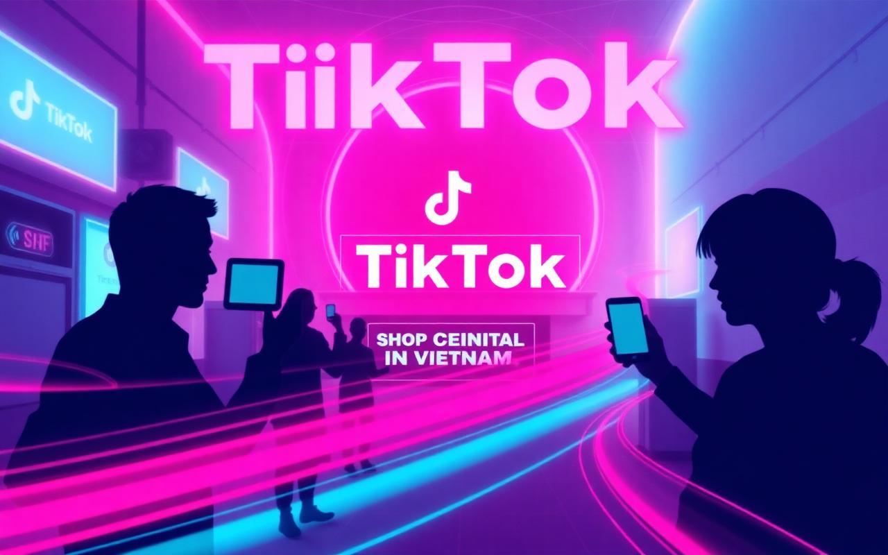 Phòng livestream TikTok Shop với ánh đèn neon hồng và cyan